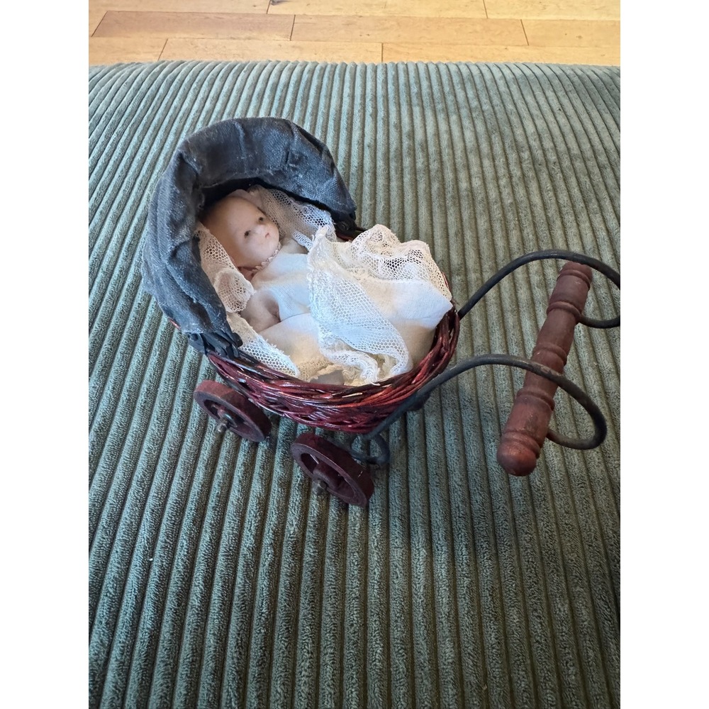 Vintage Miniature Porcelain Doll in Wicker Carriage Baby Toy Collectible Display